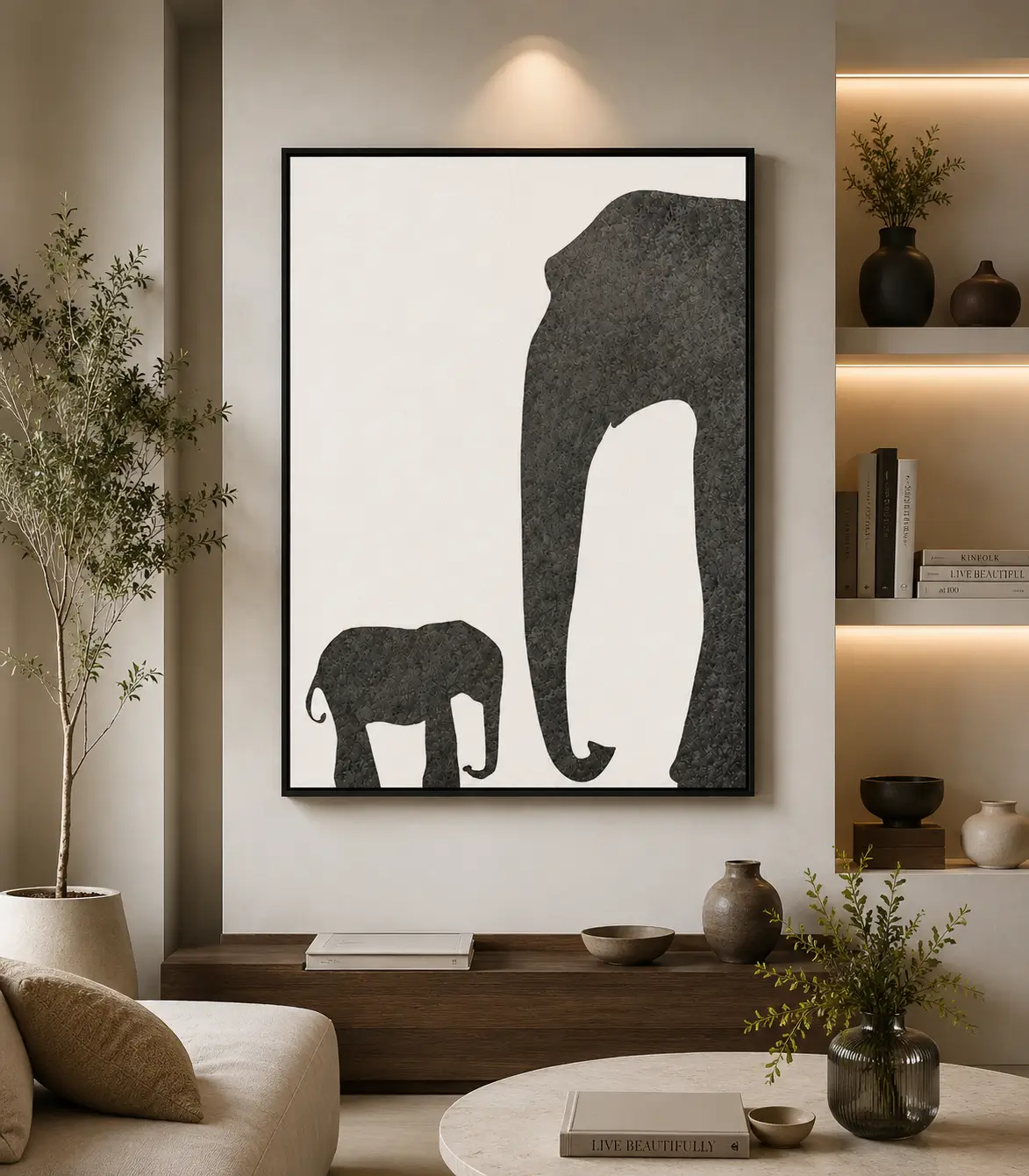 Minimalist mother and calf elephant canvas wall art featuring textured charcoal silhouettes on a neutral background for modern luxury interiors.