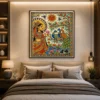 Traditional Indian Madhubani Goddess and Peacock Canvas Wall Art with Tree of Life and Floral Folk Design.