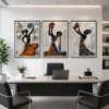 Luxury African tribal women triptych canvas wall art featuring elegant silhouettes, textured abstract backgrounds, and traditional earthen vessels.
