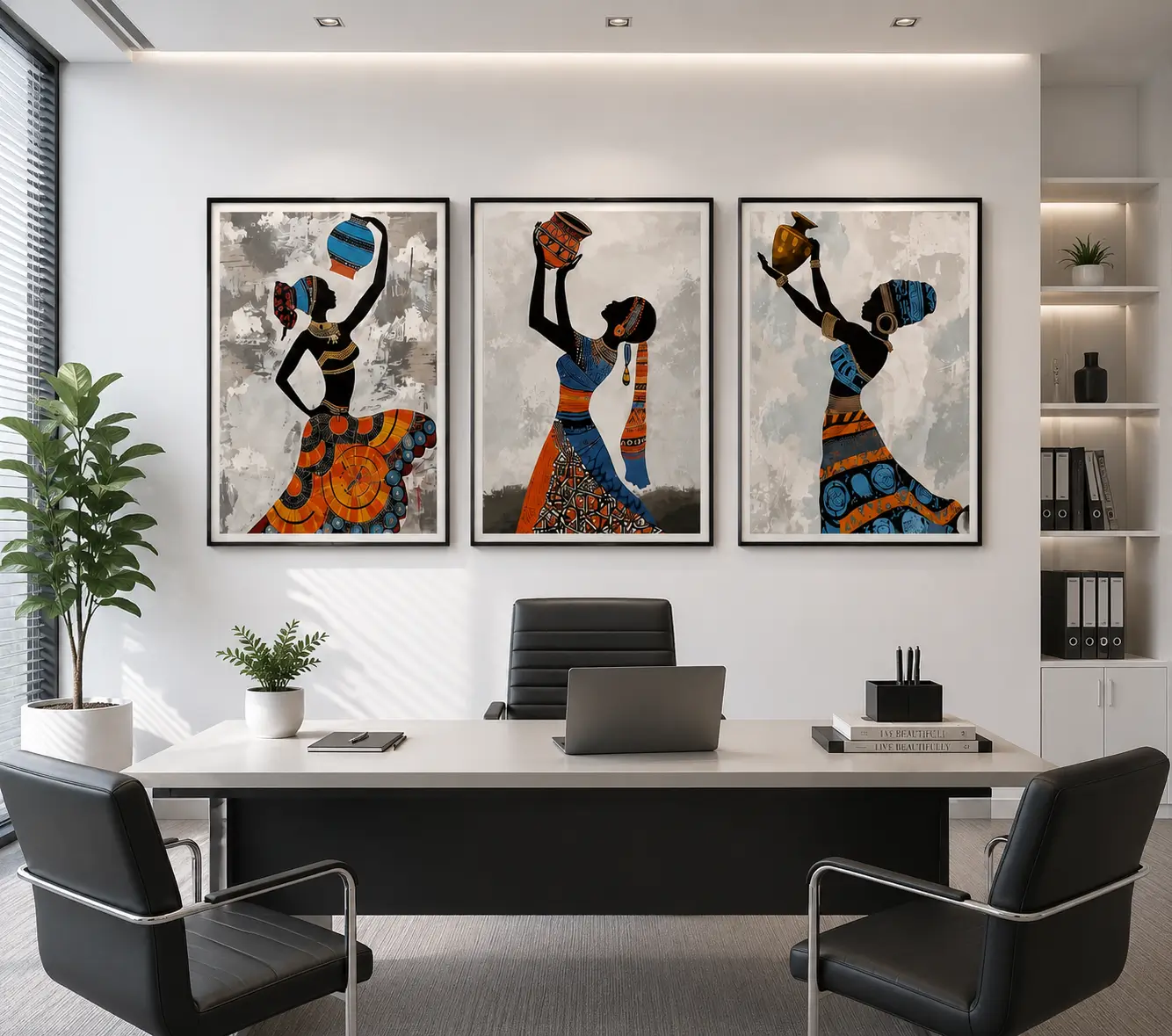 Luxury African tribal women triptych canvas wall art featuring elegant silhouettes, textured abstract backgrounds, and traditional earthen vessels.