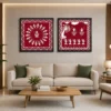 Luxury Warli tribal diptych wall art featuring traditional Tarpa dance, village life scenes, white folk illustrations on a crimson red background with natural wood frames.