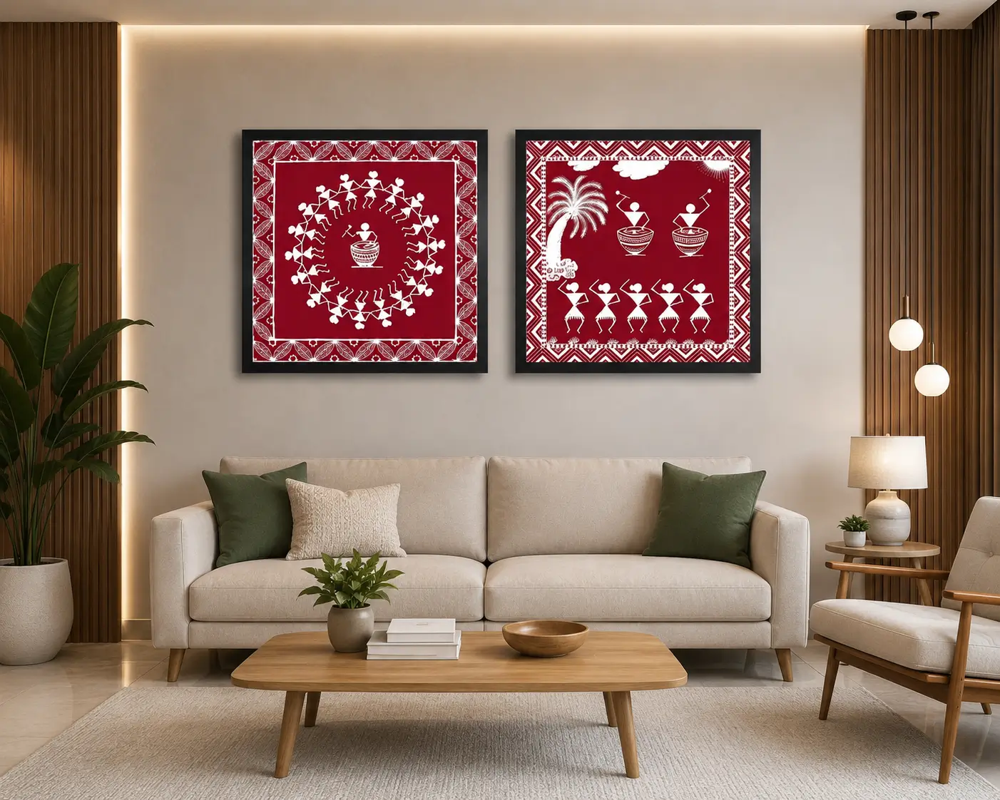 Luxury Warli tribal diptych wall art featuring traditional Tarpa dance, village life scenes, white folk illustrations on a crimson red background with natural wood frames.