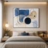 Modern blue and beige abstract canvas wall art featuring geometric shapes and flowing organic lines in a Mid-Century Modern style.