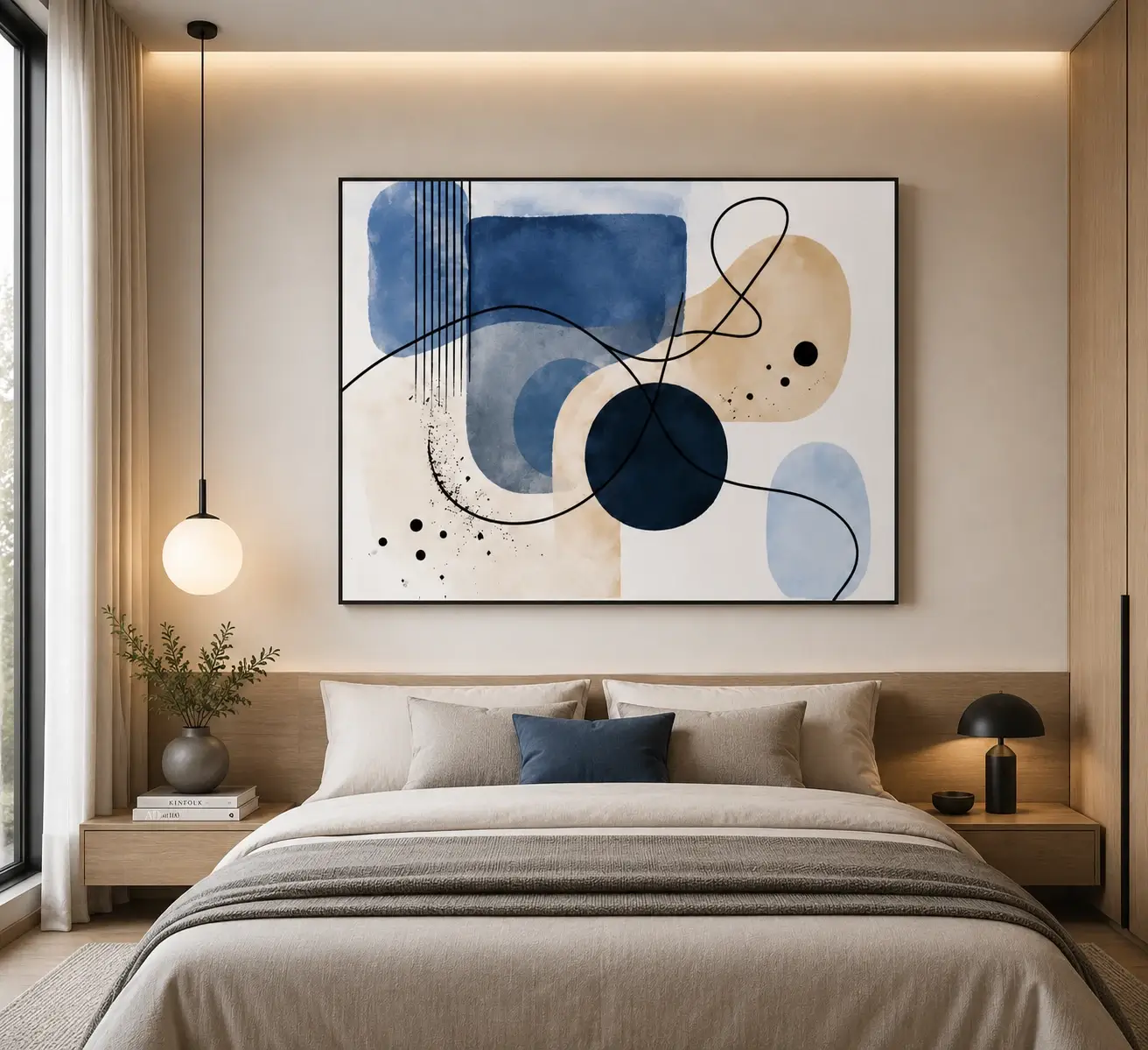 Modern blue and beige abstract canvas wall art featuring geometric shapes and flowing organic lines in a Mid-Century Modern style.