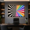 Large optical illusion canvas wall art featuring a hypnotic rainbow radial burst with monochrome black and white flowing rays in a contemporary modern design.