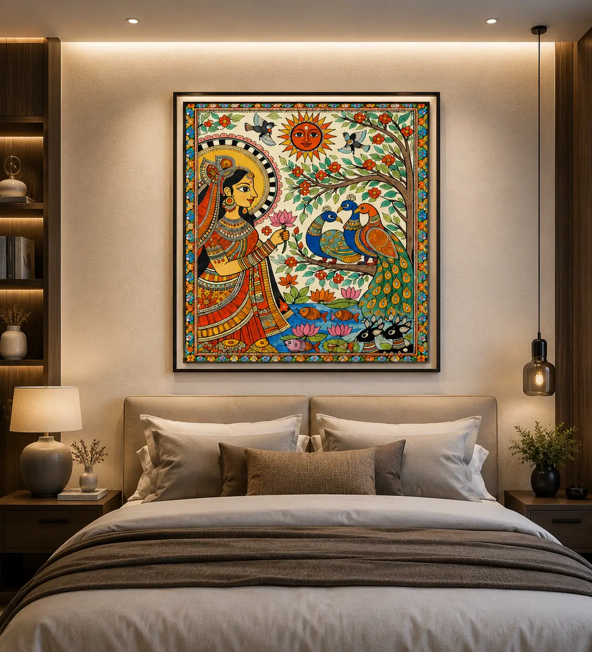 Traditional Indian Madhubani Goddess and Peacock Canvas Wall Art with Tree of Life and Floral Folk Design.