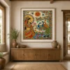 Traditional Indian Madhubani Goddess and Peacock Canvas Wall Art with Tree of Life and Floral Folk Design.