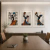 Luxury African tribal women triptych canvas wall art featuring elegant silhouettes, textured abstract backgrounds, and traditional earthen vessels.
