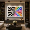 Large optical illusion canvas wall art featuring a hypnotic rainbow radial burst with monochrome black and white flowing rays in a contemporary modern design.