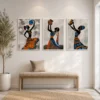 Luxury African tribal women triptych canvas wall art featuring elegant silhouettes, textured abstract backgrounds, and traditional earthen vessels.