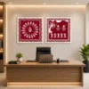 Luxury Warli tribal diptych wall art featuring traditional Tarpa dance, village life scenes, white folk illustrations on a crimson red background with natural wood frames.