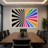 Large optical illusion canvas wall art featuring a hypnotic rainbow radial burst with monochrome black and white flowing rays in a contemporary modern design.