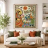 Traditional Indian Madhubani Goddess and Peacock Canvas Wall Art with Tree of Life and Floral Folk Design.