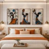 Luxury African tribal women triptych canvas wall art featuring elegant silhouettes, textured abstract backgrounds, and traditional earthen vessels.