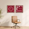 Luxury Warli tribal diptych wall art featuring traditional Tarpa dance, village life scenes, white folk illustrations on a crimson red background with natural wood frames.
