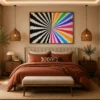 Large optical illusion canvas wall art featuring a hypnotic rainbow radial burst with monochrome black and white flowing rays in a contemporary modern design.