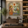 Traditional Indian Madhubani Goddess and Peacock Canvas Wall Art with Tree of Life and Floral Folk Design.