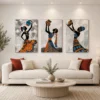 Luxury African tribal women triptych canvas wall art featuring elegant silhouettes, textured abstract backgrounds, and traditional earthen vessels.