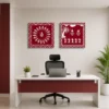 Luxury Warli tribal diptych wall art featuring traditional Tarpa dance, village life scenes, white folk illustrations on a crimson red background with natural wood frames.