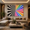 Large optical illusion canvas wall art featuring a hypnotic rainbow radial burst with monochrome black and white flowing rays in a contemporary modern design.
