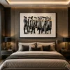 Luxury abstract three figures canvas wall art featuring textured earth-tone silhouettes in denim blue, mustard yellow, and terracotta on a cream background.