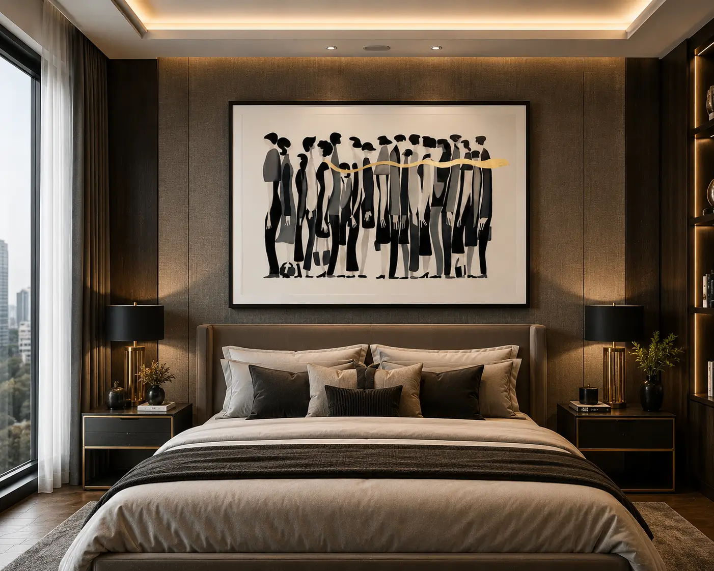 Luxury abstract three figures canvas wall art featuring textured earth-tone silhouettes in denim blue, mustard yellow, and terracotta on a cream background.