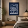 Luxury Warli Tree of Life canvas wall art featuring intricate white tribal illustrations, a celestial sun, birds, and village life on a deep midnight indigo background.
