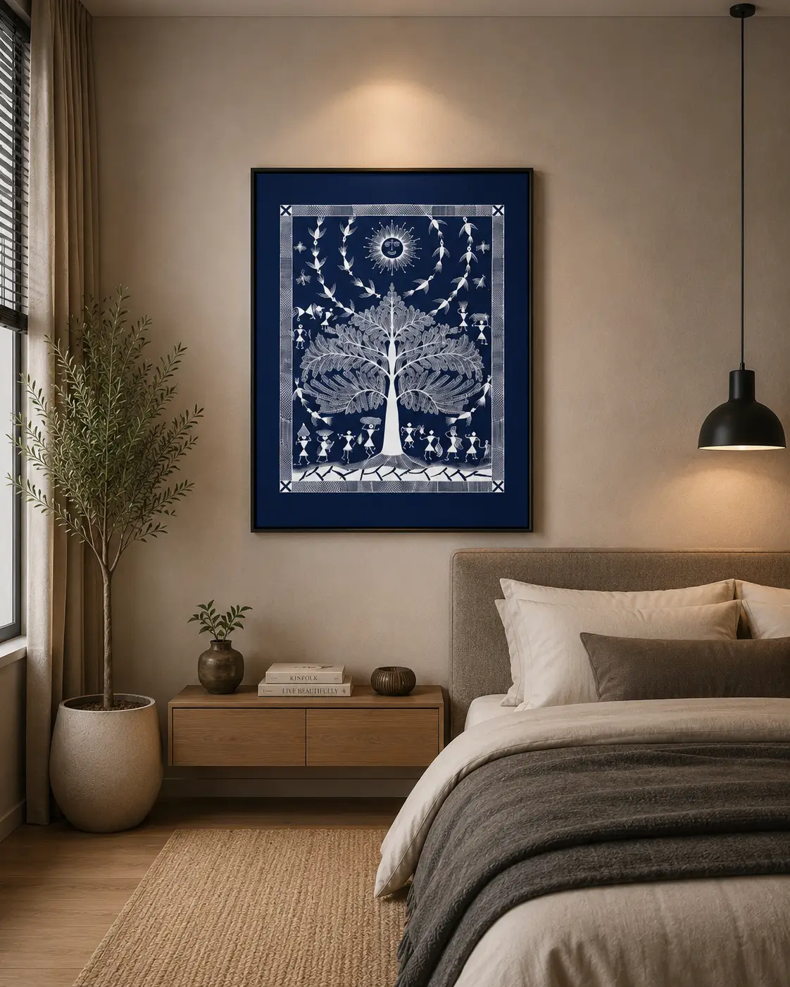 Luxury Warli Tree of Life canvas wall art featuring intricate white tribal illustrations, a celestial sun, birds, and village life on a deep midnight indigo background.