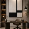 Modern black and cream geometric abstract canvas wall art featuring architectural blocks and clean intersecting lines.
