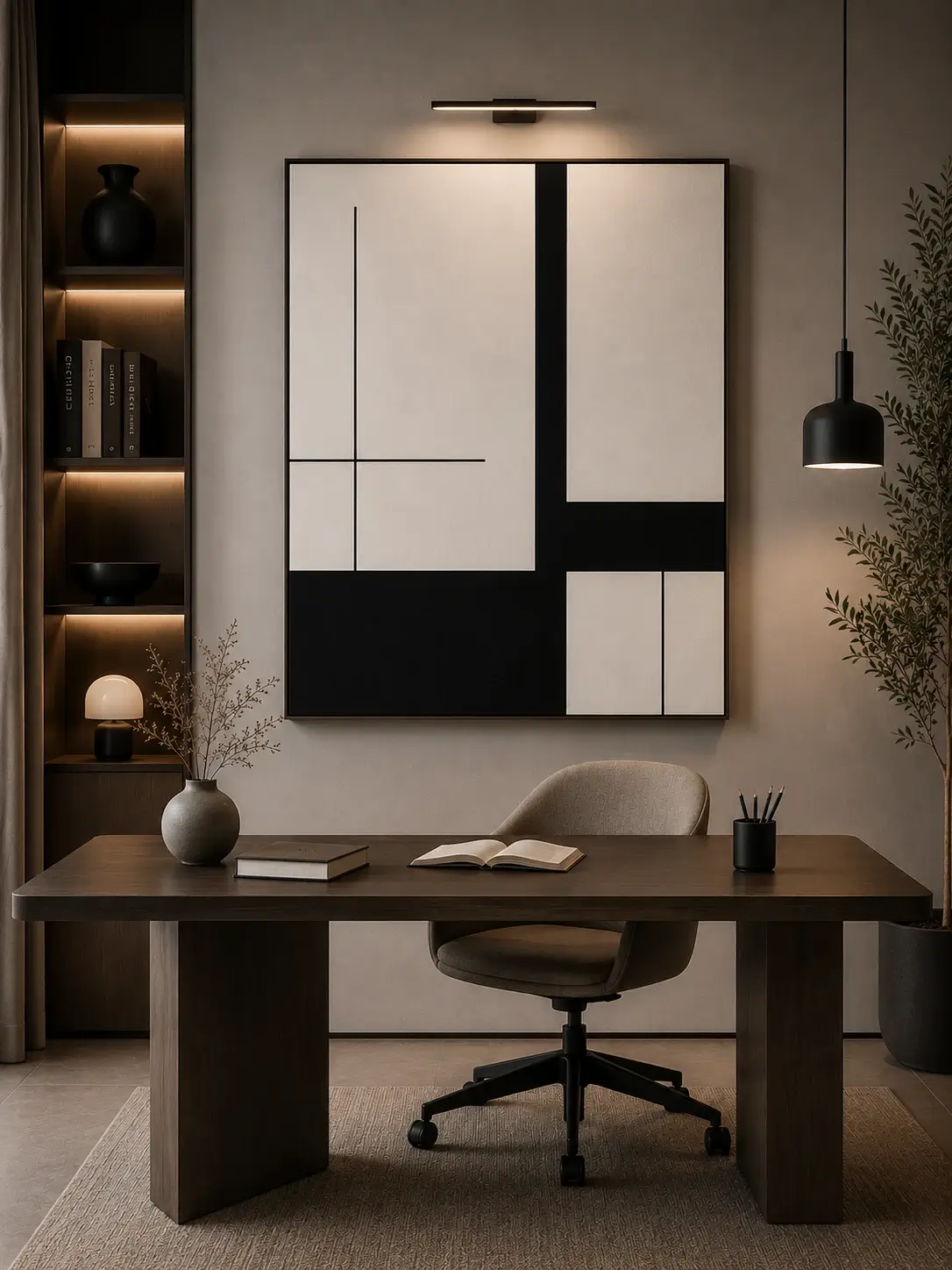 Modern black and cream geometric abstract canvas wall art featuring architectural blocks and clean intersecting lines.