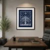 Luxury Warli Tree of Life canvas wall art featuring intricate white tribal illustrations, a celestial sun, birds, and village life on a deep midnight indigo background.