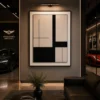 Modern black and cream geometric abstract canvas wall art featuring architectural blocks and clean intersecting lines.