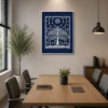 Luxury Warli Tree of Life canvas wall art featuring intricate white tribal illustrations, a celestial sun, birds, and village life on a deep midnight indigo background.