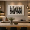 Luxury abstract three figures canvas wall art featuring textured earth-tone silhouettes in denim blue, mustard yellow, and terracotta on a cream background.