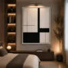 Modern black and cream geometric abstract canvas wall art featuring architectural blocks and clean intersecting lines.