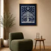 Luxury Warli Tree of Life canvas wall art featuring intricate white tribal illustrations, a celestial sun, birds, and village life on a deep midnight indigo background.