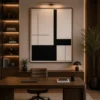 Modern black and cream geometric abstract canvas wall art featuring architectural blocks and clean intersecting lines.