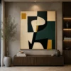 Square Mid-Century abstract canvas wall art featuring a terracotta circle, charcoal geometric forms, and soft earth-tone contemporary design.