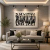 Luxury abstract three figures canvas wall art featuring textured earth-tone silhouettes in denim blue, mustard yellow, and terracotta on a cream background.