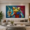 Luxury colourful frog canvas wall art featuring a stylish frog wearing oversized glasses and raising a champagne glass with vibrant pop art textures.