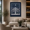 Luxury Warli Tree of Life canvas wall art featuring intricate white tribal illustrations, a celestial sun, birds, and village life on a deep midnight indigo background.