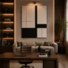 Modern black and cream geometric abstract canvas wall art featuring architectural blocks and clean intersecting lines.