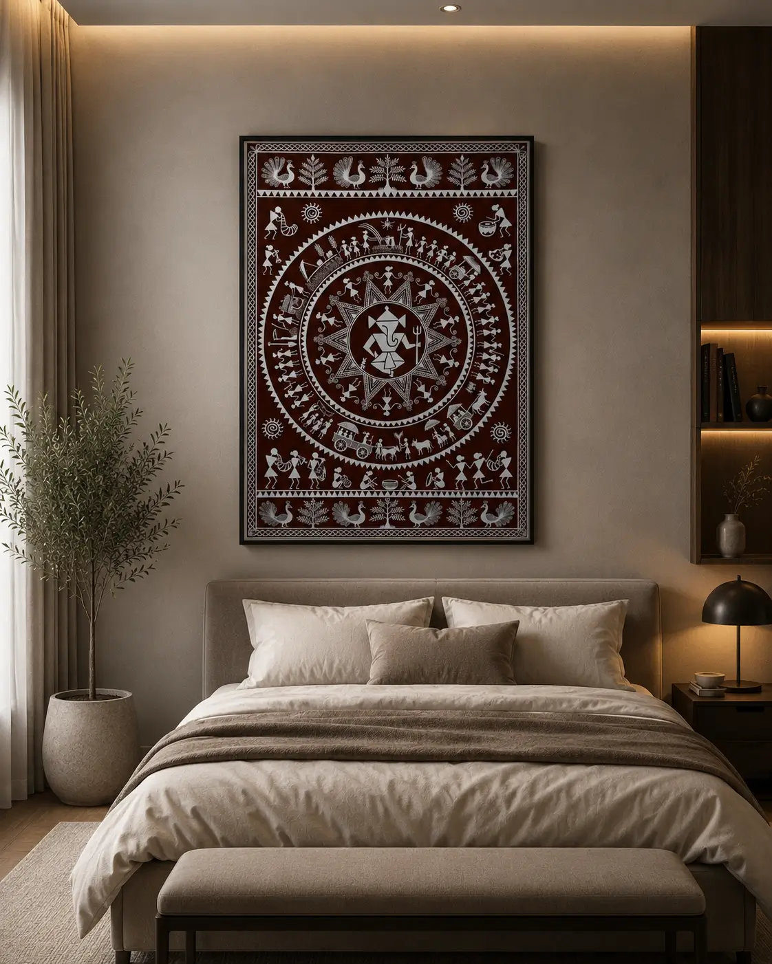 Luxury Lord Ganesha Warli canvas wall art featuring intricate white tribal illustrations, concentric Tarpa dance circles, peacocks, village life, and a terracotta background with a natural wood frame.