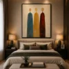 Luxury Cubist portrait diptych canvas wall art featuring two abstract faces in terracotta, forest green, navy, cream, and sandstone tones with black gallery frames.