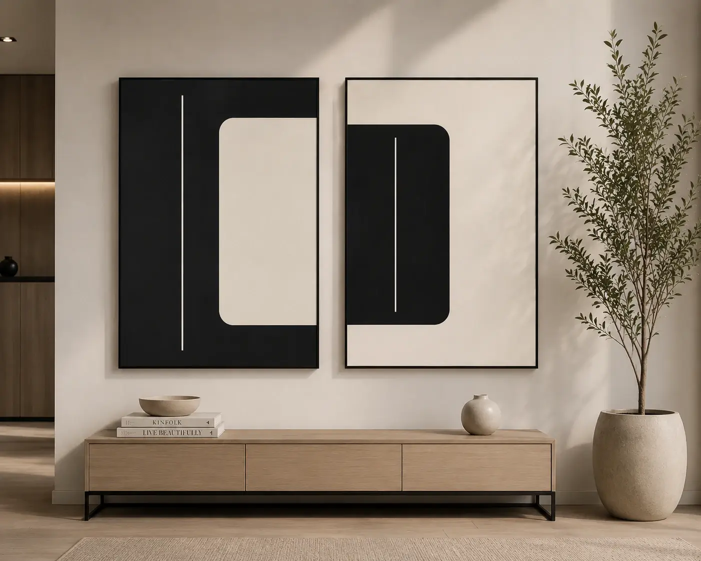 Modern black and cream abstract diptych canvas wall art featuring balanced geometric forms and minimalist contemporary design.