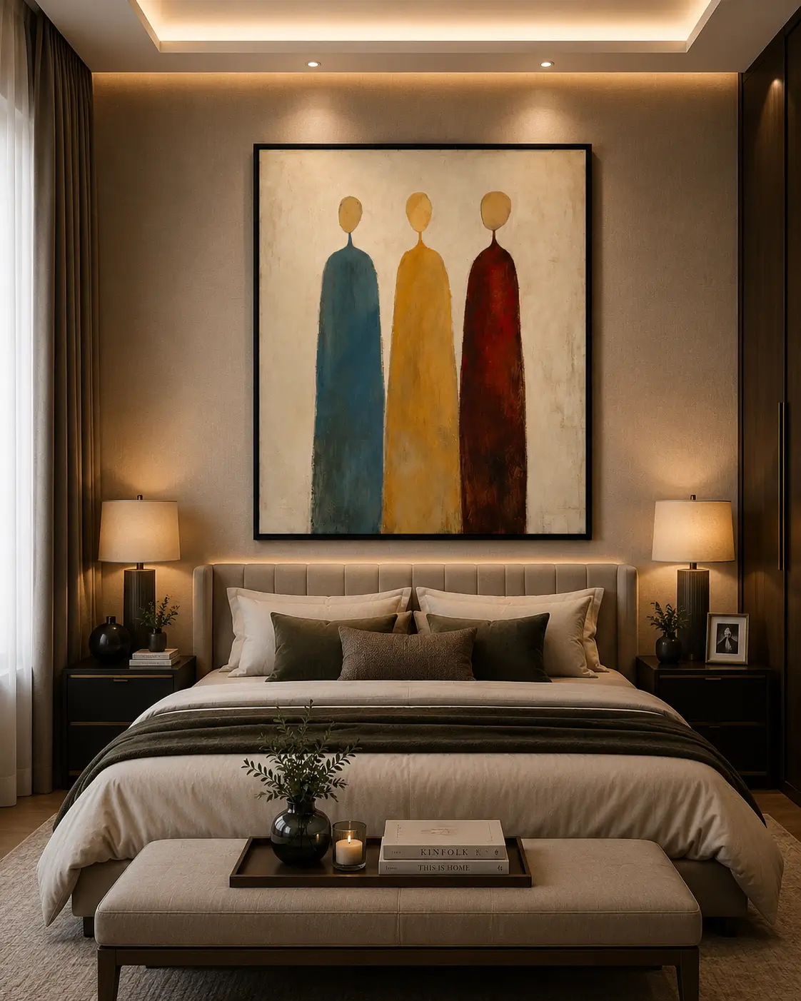 Luxury Cubist portrait diptych canvas wall art featuring two abstract faces in terracotta, forest green, navy, cream, and sandstone tones with black gallery frames.