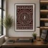Luxury Lord Ganesha Warli canvas wall art featuring intricate white tribal illustrations, concentric Tarpa dance circles, peacocks, village life, and a terracotta background with a natural wood frame.