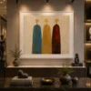Luxury Cubist portrait diptych canvas wall art featuring two abstract faces in terracotta, forest green, navy, cream, and sandstone tones with black gallery frames.