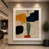 Square Mid-Century abstract canvas wall art featuring olive green, terracotta, charcoal, and cream geometric shapes with a contemporary minimalist composition.