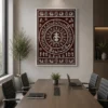 Luxury Lord Ganesha Warli canvas wall art featuring intricate white tribal illustrations, concentric Tarpa dance circles, peacocks, village life, and a terracotta background with a natural wood frame.